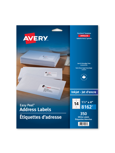 Avery® White Address Labels for Inkjet Printers 8162, 1-1/3" x 4", Pack of 350